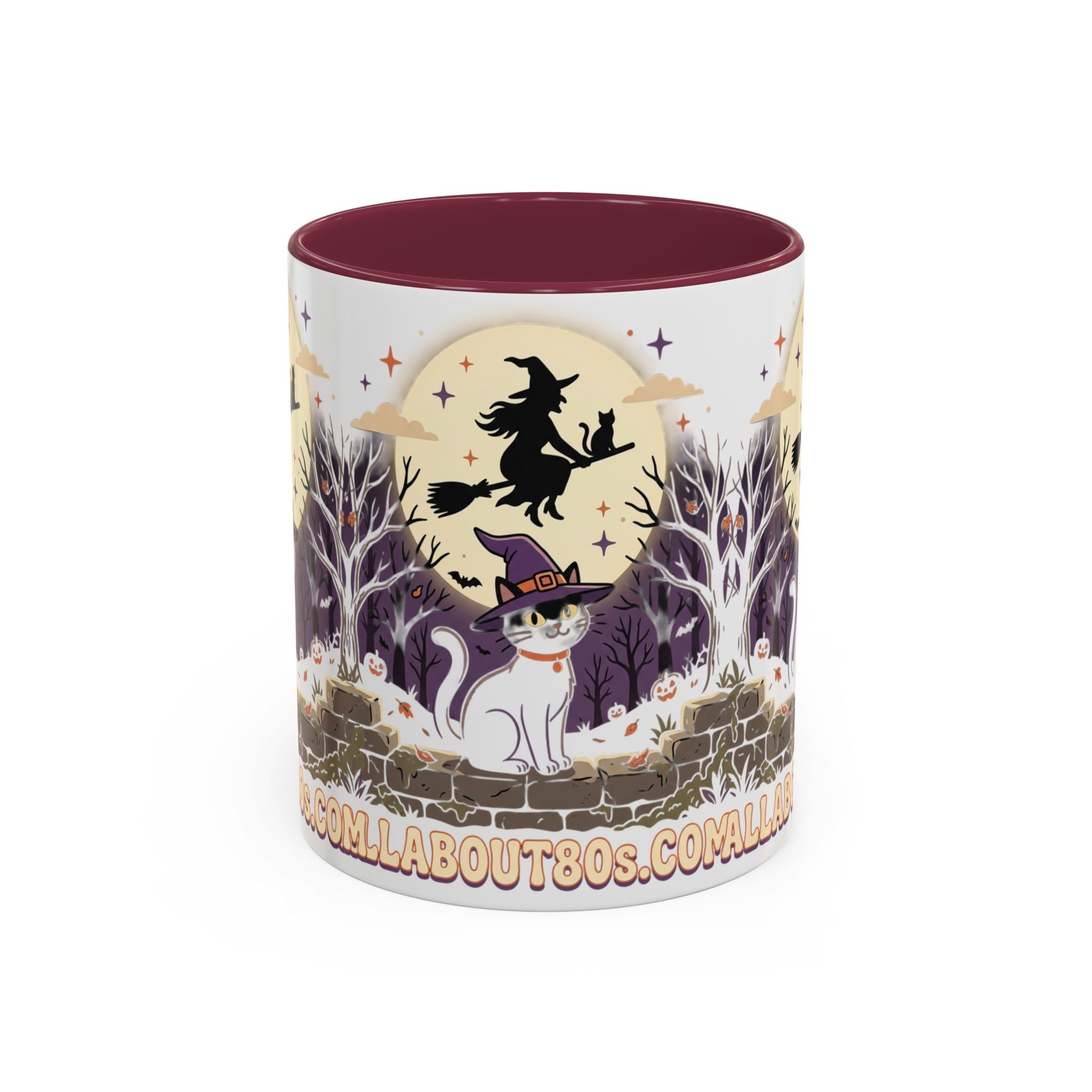 Halloween Cat Witch Mug – Cute Witch Hat Cat with Flying Witch Silhouette (11oz/15oz)