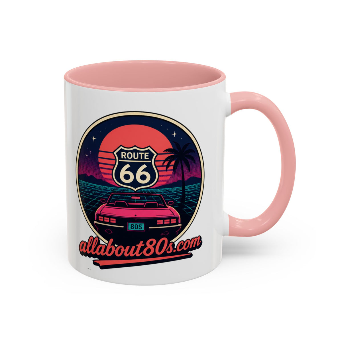 Route 66 Retro 80s Accent Coffee Mug — 'allabout80s' Vintage Sunset Design (11/15oz)