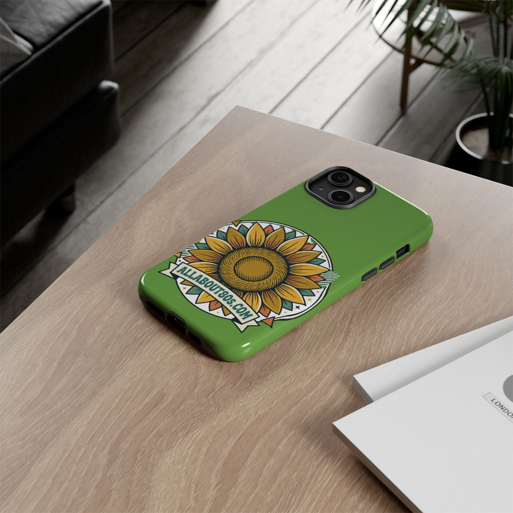 Sunflower Tough Phone Case – Green Floral Protective Case with "AllAbout80s.com" Banner