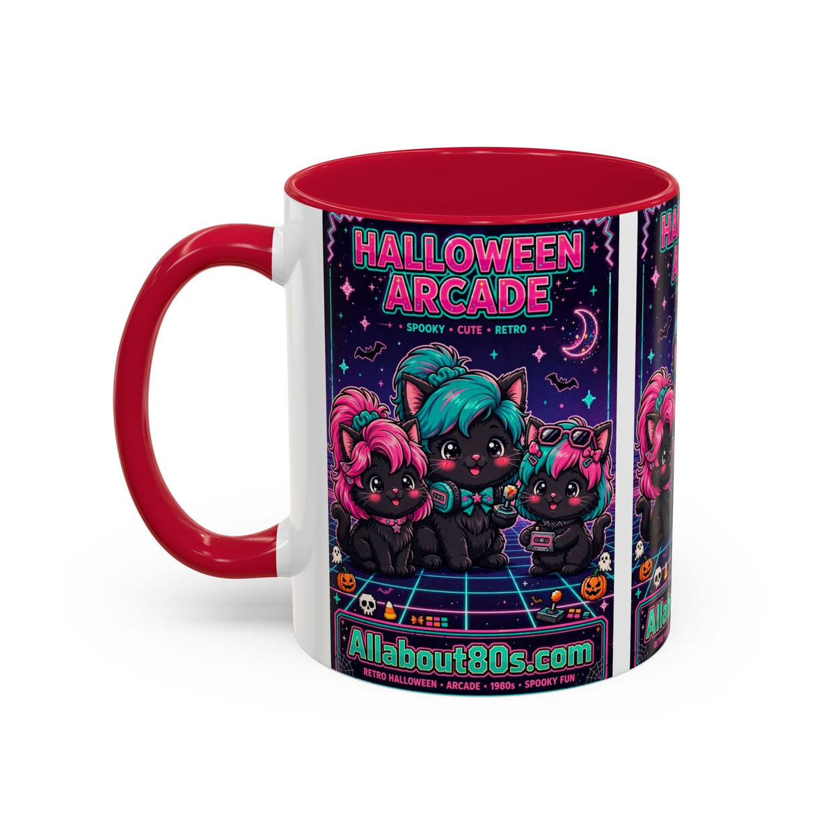Halloween Arcade Mug — Cute Retro 80s Cat Gamers (11oz/15oz)