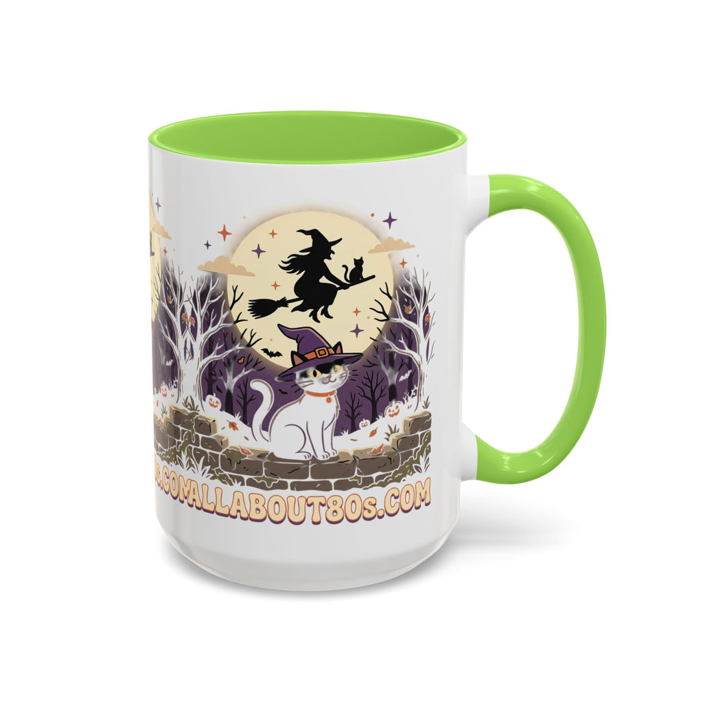 Halloween Cat Witch Mug – Cute Witch Hat Cat with Flying Witch Silhouette (11oz/15oz)