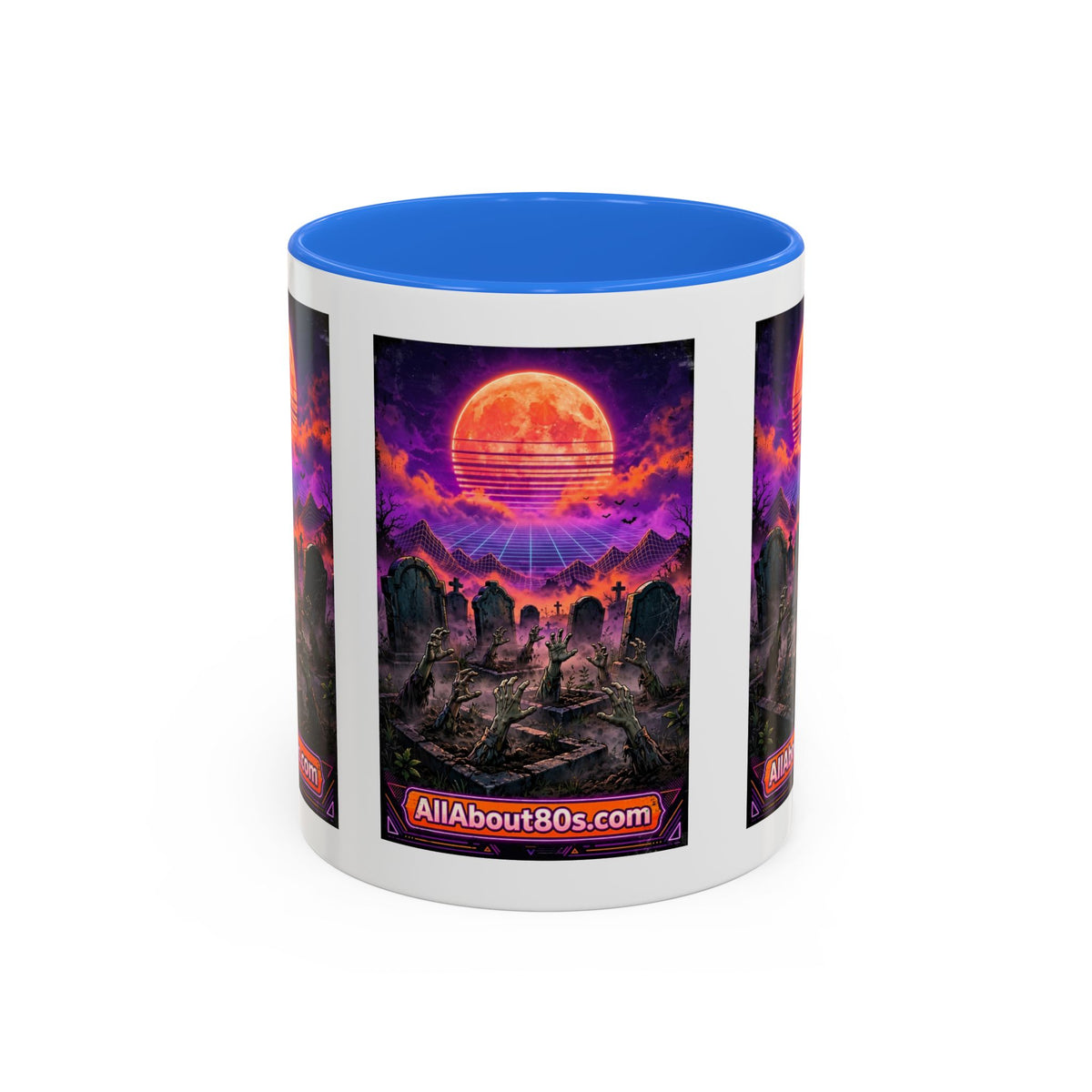 80s Retro Graveyard Sunset Mug — Vaporwave Neon Coffins Coffee Cup (11oz/15oz)