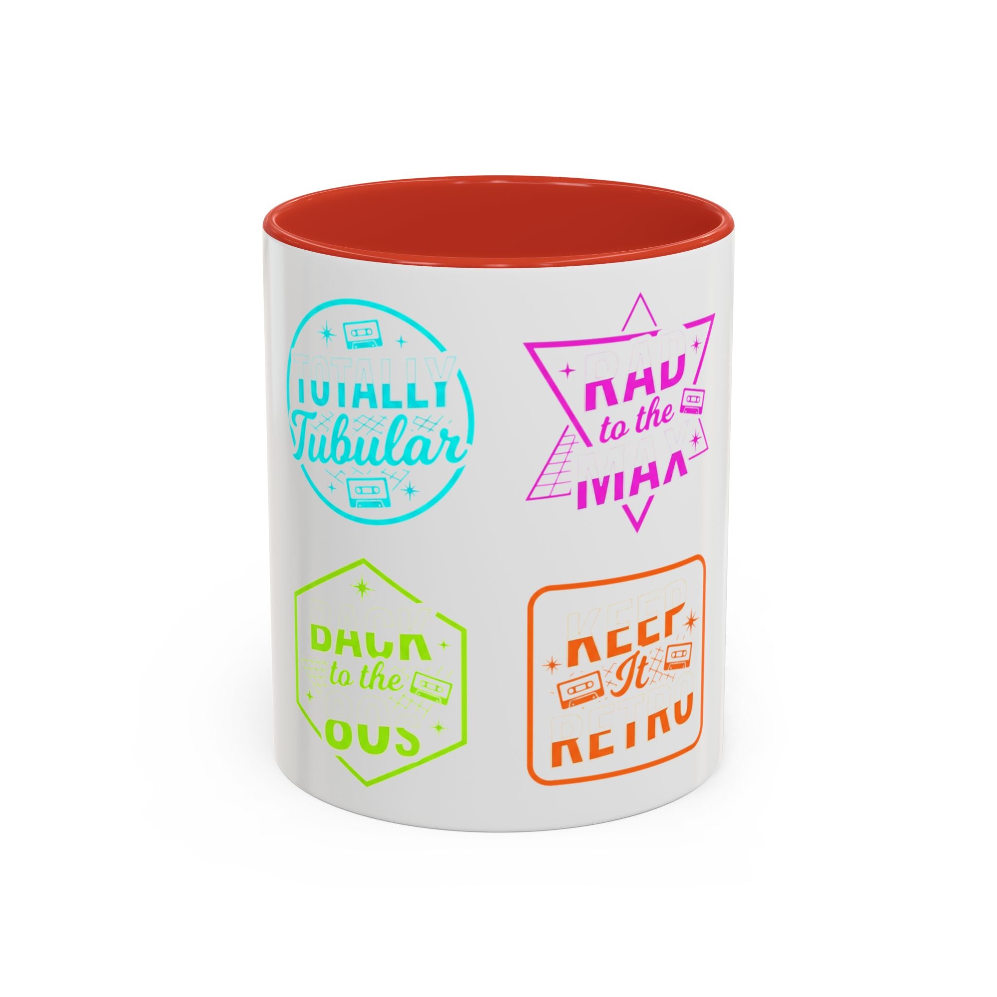 Retro Gamer Badge Accent Coffee Mug — Neon 'Totally Tubular' & 80s Gamer Icons (11/15oz)