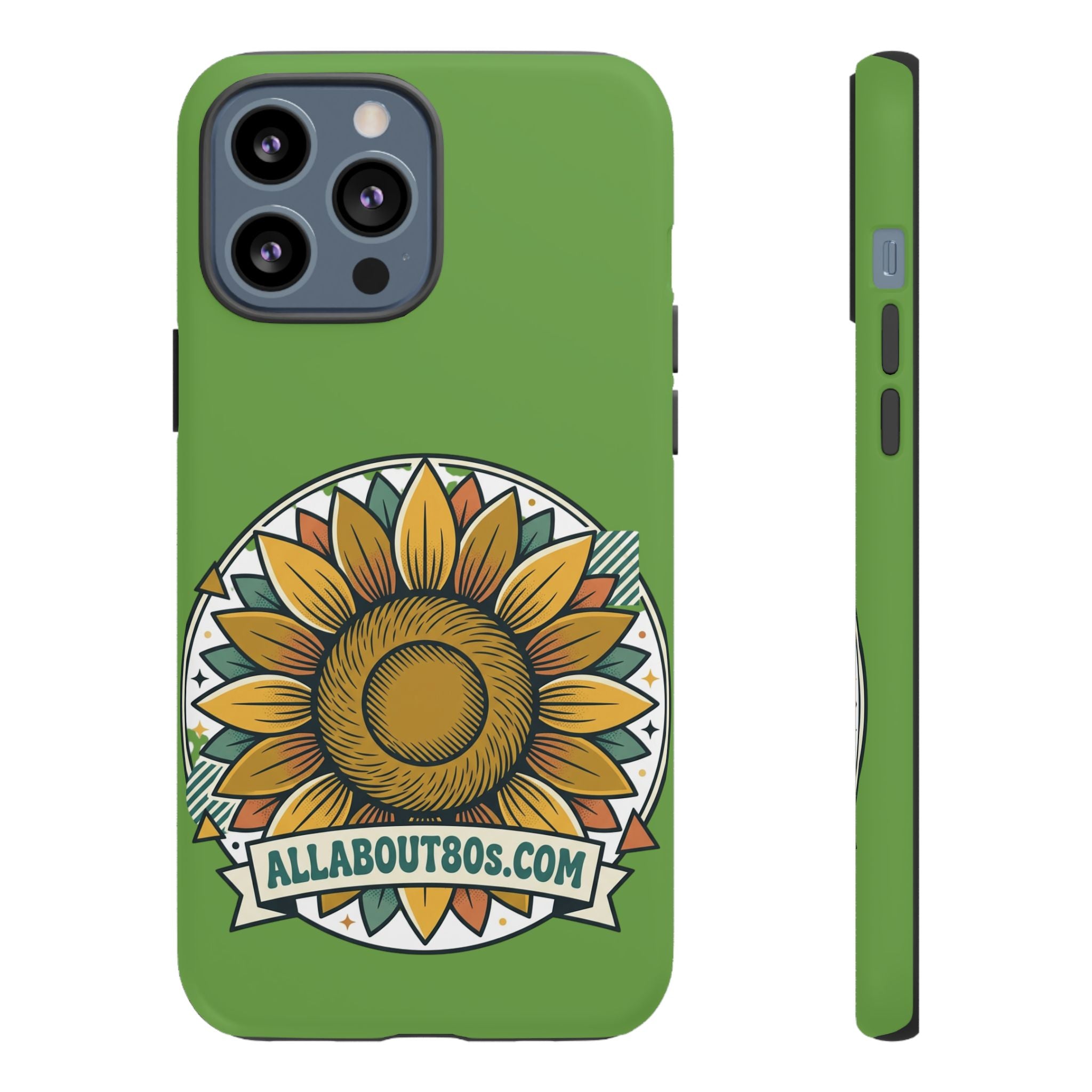 Sunflower Tough Phone Case – Green Floral Protective Case with "AllAbout80s.com" Banner