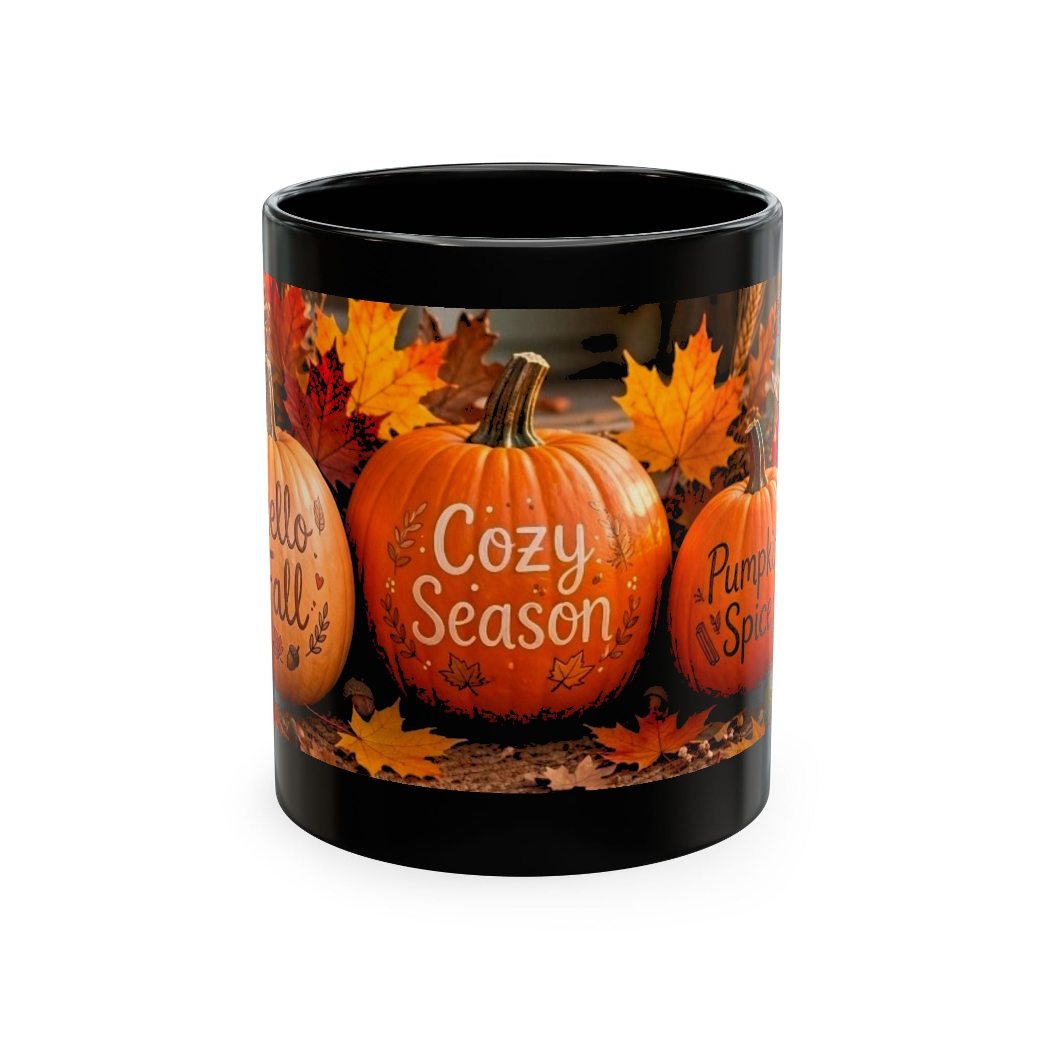 Hello Fall Ceramic Mug — Cozy Pumpkin & Autumn Leaves Coffee Cup