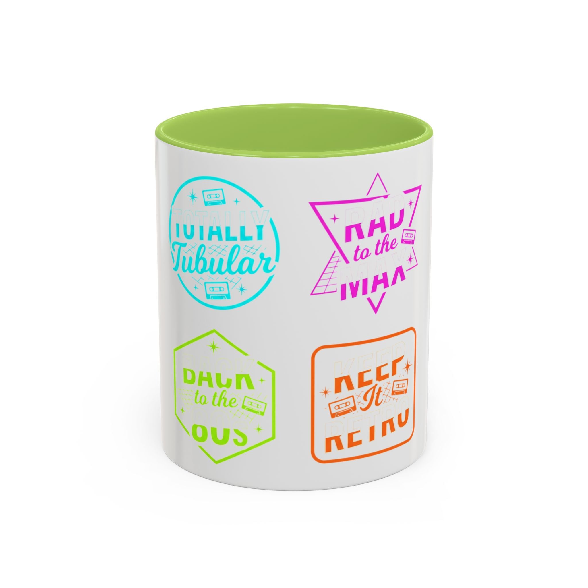 Retro Gamer Badge Accent Coffee Mug — Neon 'Totally Tubular' & 80s Gamer Icons (11/15oz)