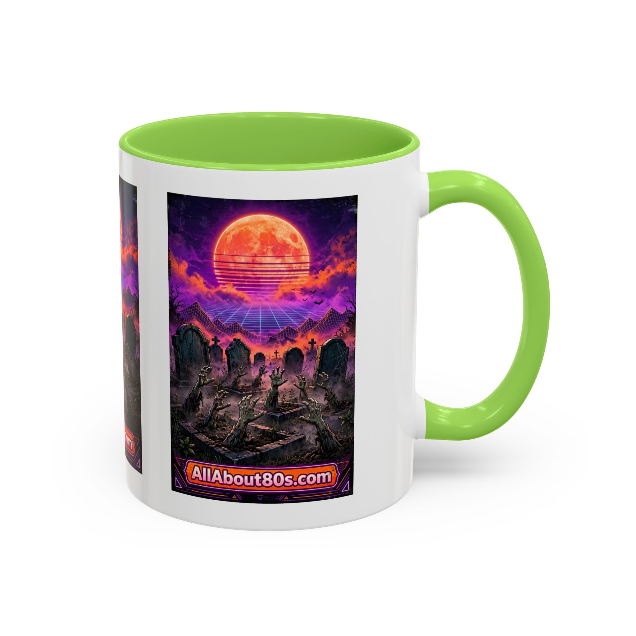 80s Retro Graveyard Sunset Mug — Vaporwave Neon Coffins Coffee Cup (11oz/15oz)