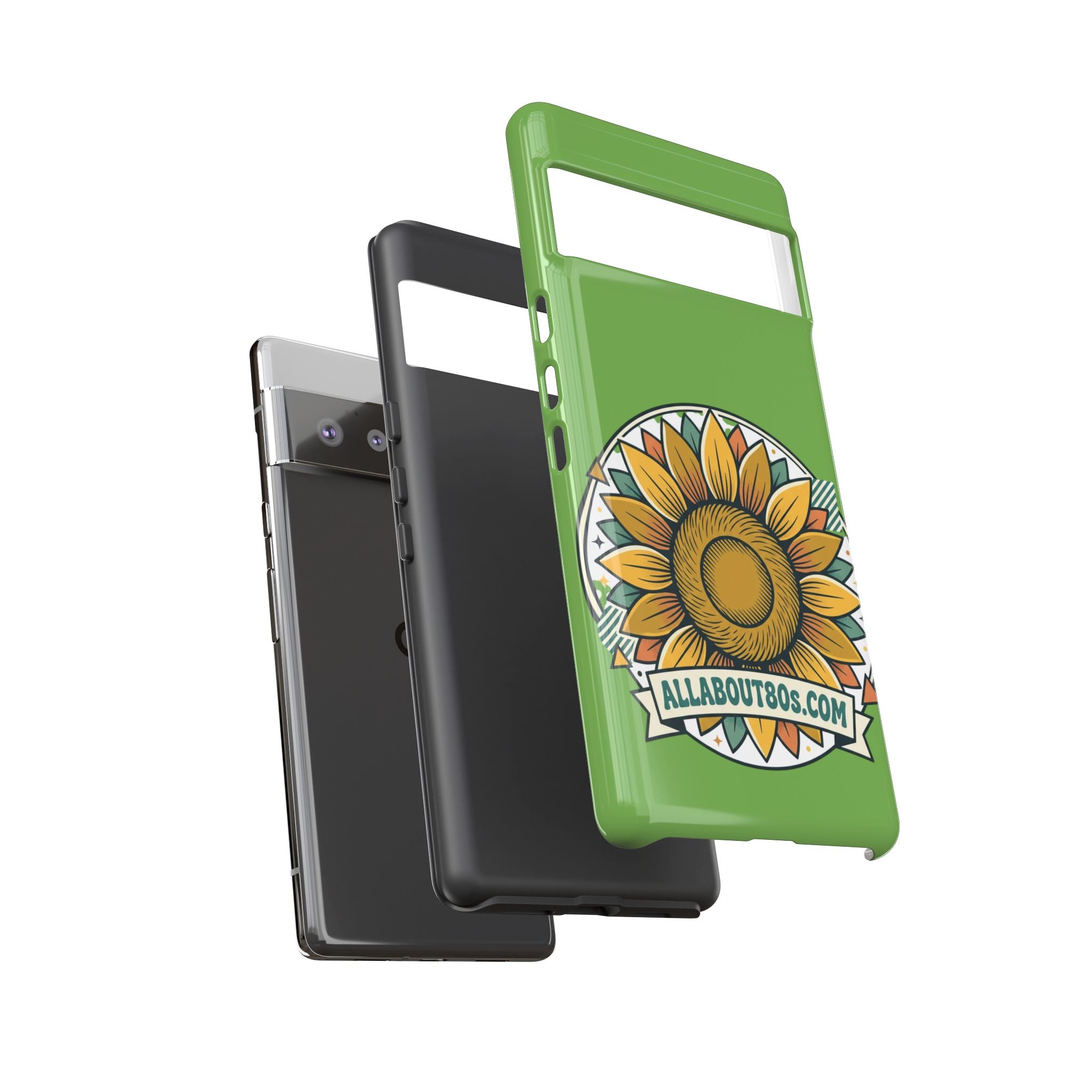 Sunflower Tough Phone Case – Green Floral Protective Case with "AllAbout80s.com" Banner