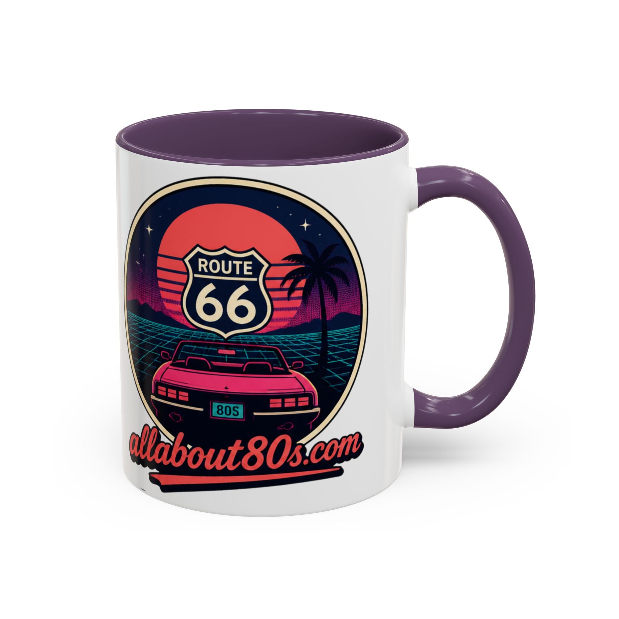 Route 66 Retro 80s Accent Coffee Mug — 'allabout80s' Vintage Sunset Design (11/15oz)