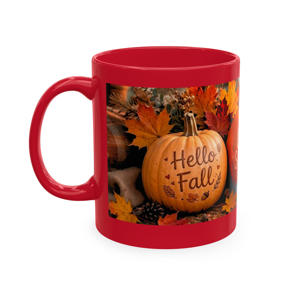 Hello Fall Ceramic Mug — Cozy Pumpkin & Autumn Leaves Coffee Cup