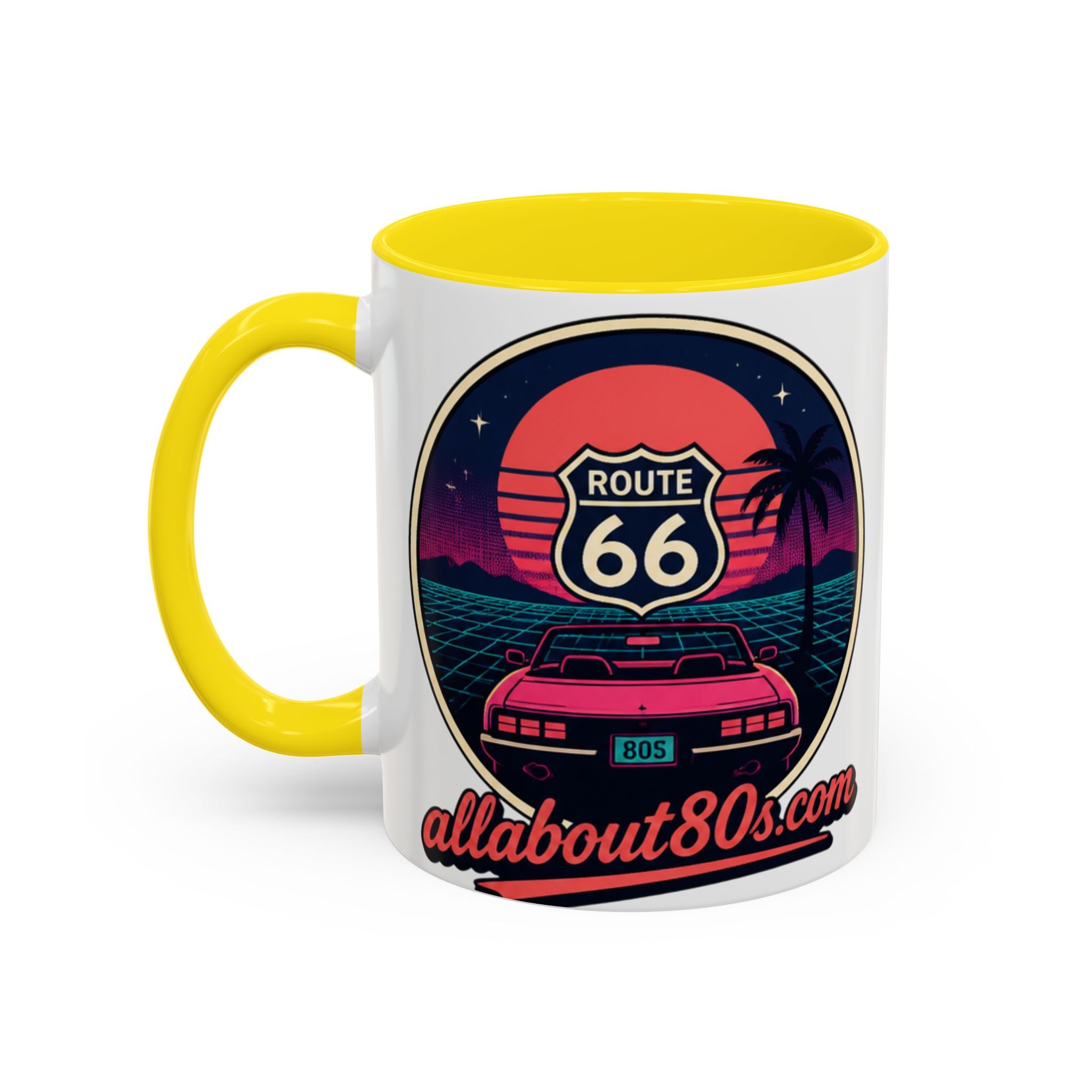 Route 66 Retro 80s Accent Coffee Mug — 'allabout80s' Vintage Sunset Design (11/15oz)