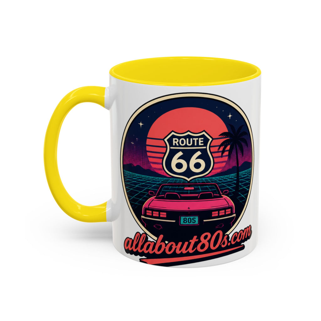 Route 66 Retro 80s Accent Coffee Mug — 'allabout80s' Vintage Sunset Design (11/15oz)