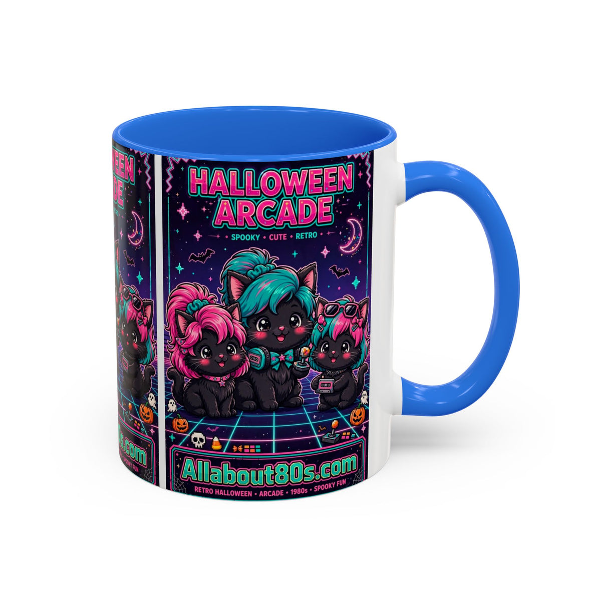 Halloween Arcade Mug — Cute Retro 80s Cat Gamers (11oz/15oz)