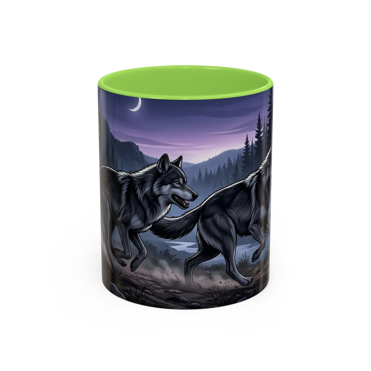 Wolf Pack Nightscape Mug — 11oz/15oz Scenic Black-Interior Coffee Cup