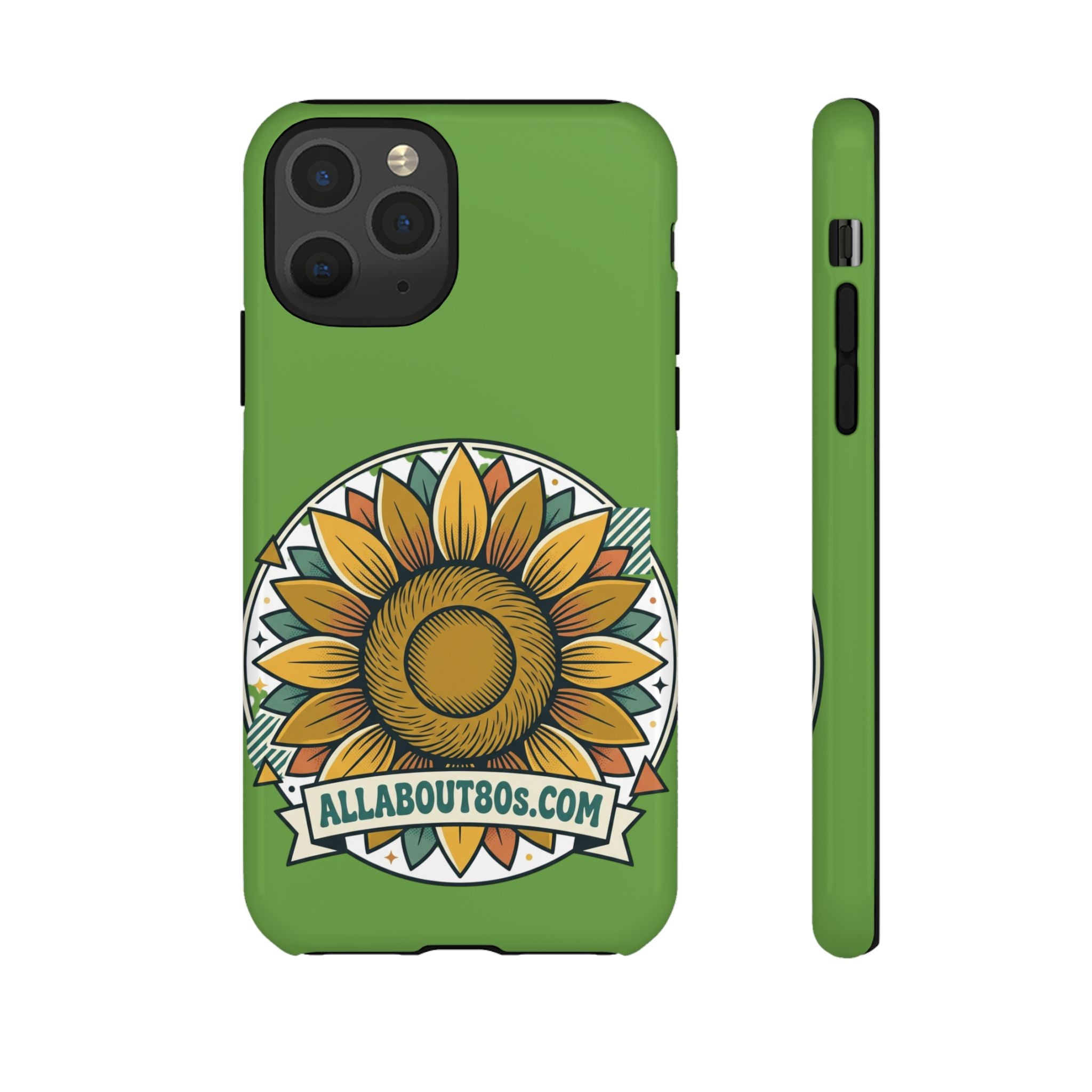 Sunflower Tough Phone Case – Green Floral Protective Case with "AllAbout80s.com" Banner