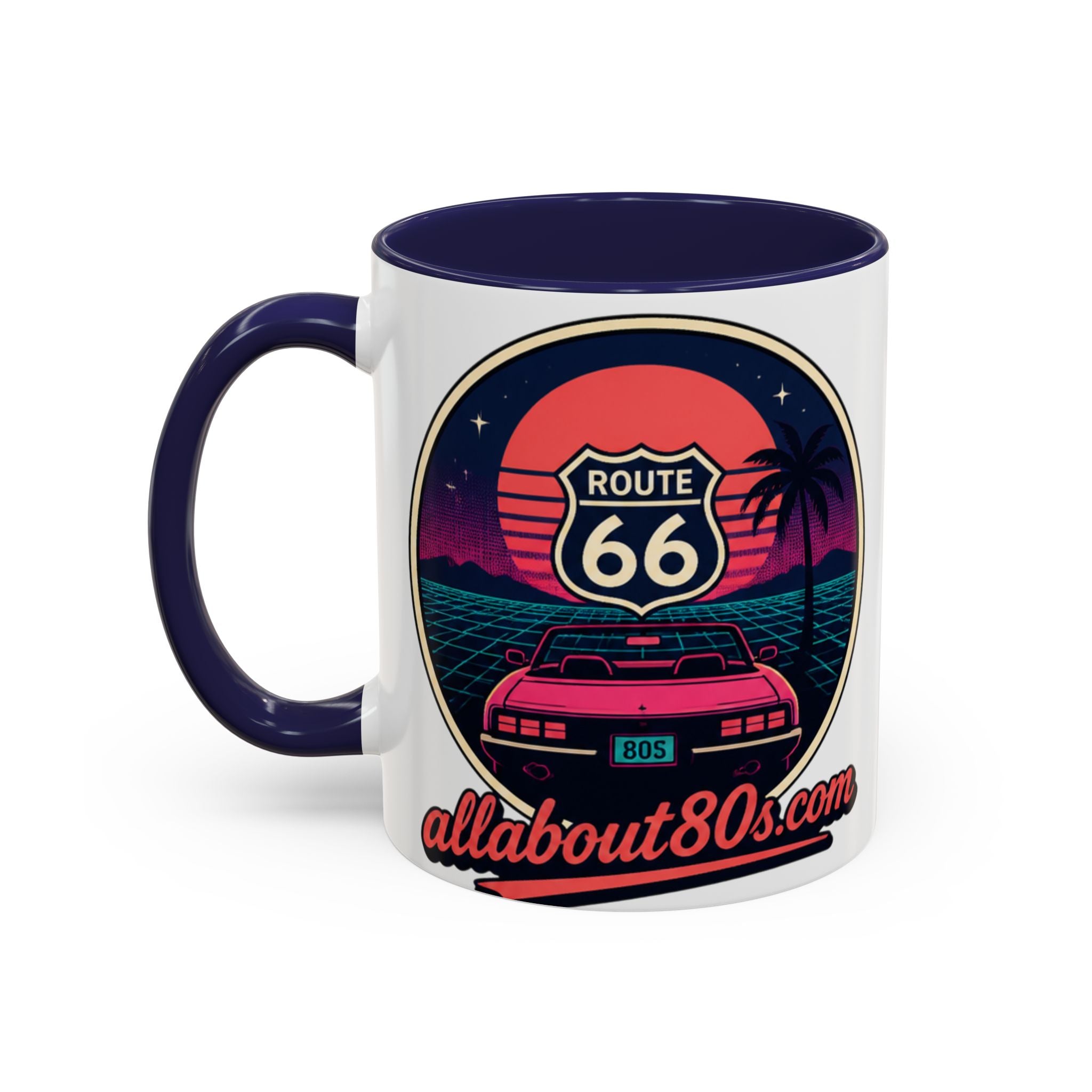 Route 66 Retro 80s Accent Coffee Mug — 'allabout80s' Vintage Sunset Design (11/15oz)