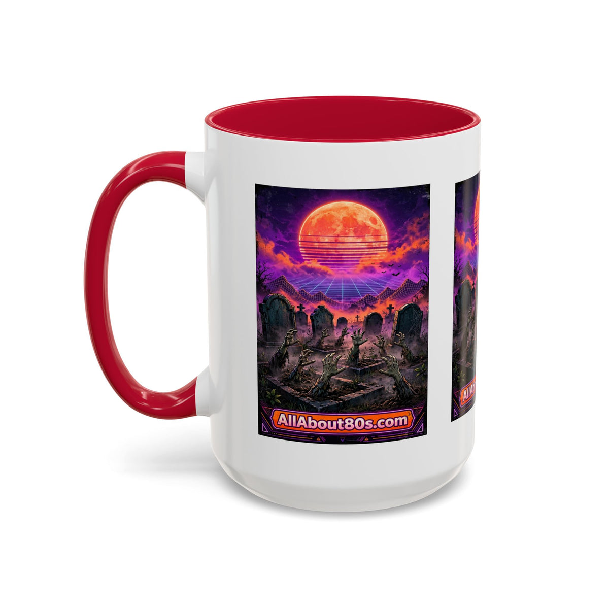 80s Retro Graveyard Sunset Mug — Vaporwave Neon Coffins Coffee Cup (11oz/15oz)