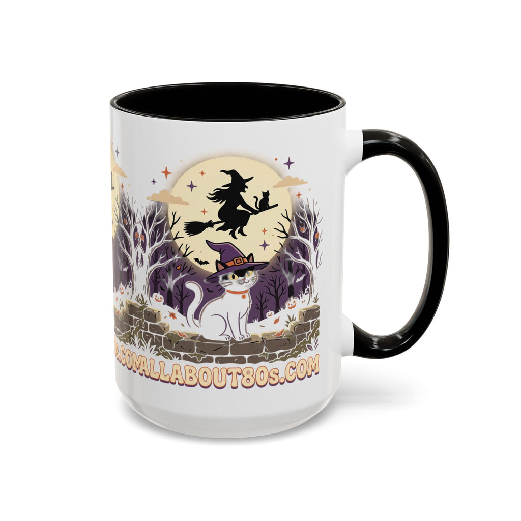 Halloween Cat Witch Mug – Cute Witch Hat Cat with Flying Witch Silhouette (11oz/15oz)