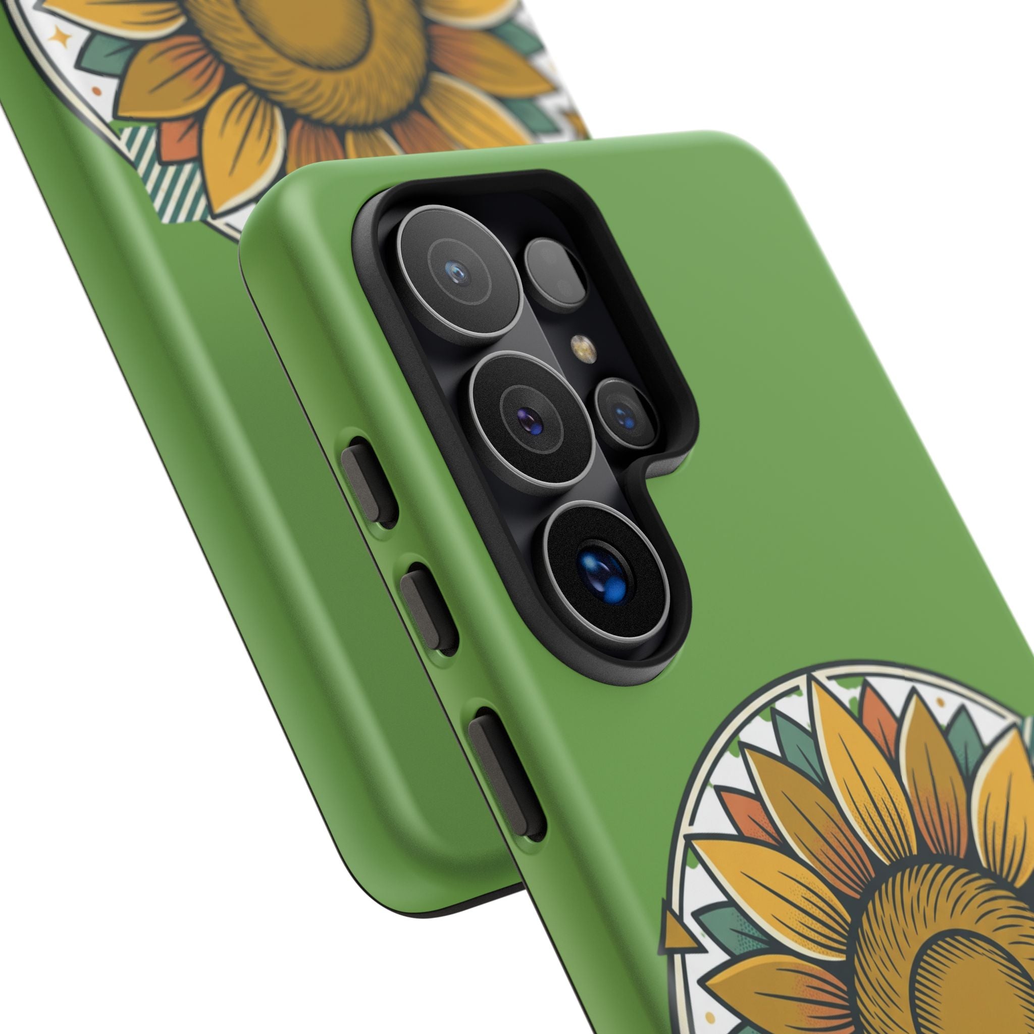 Sunflower Tough Phone Case – Green Floral Protective Case with "AllAbout80s.com" Banner