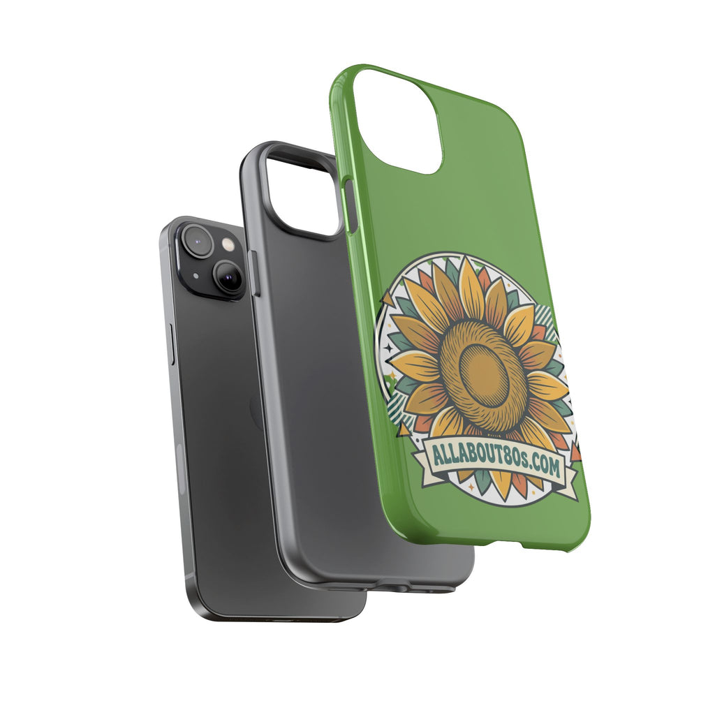Sunflower Tough Phone Case – Green Floral Protective Case with "AllAbout80s.com" Banner