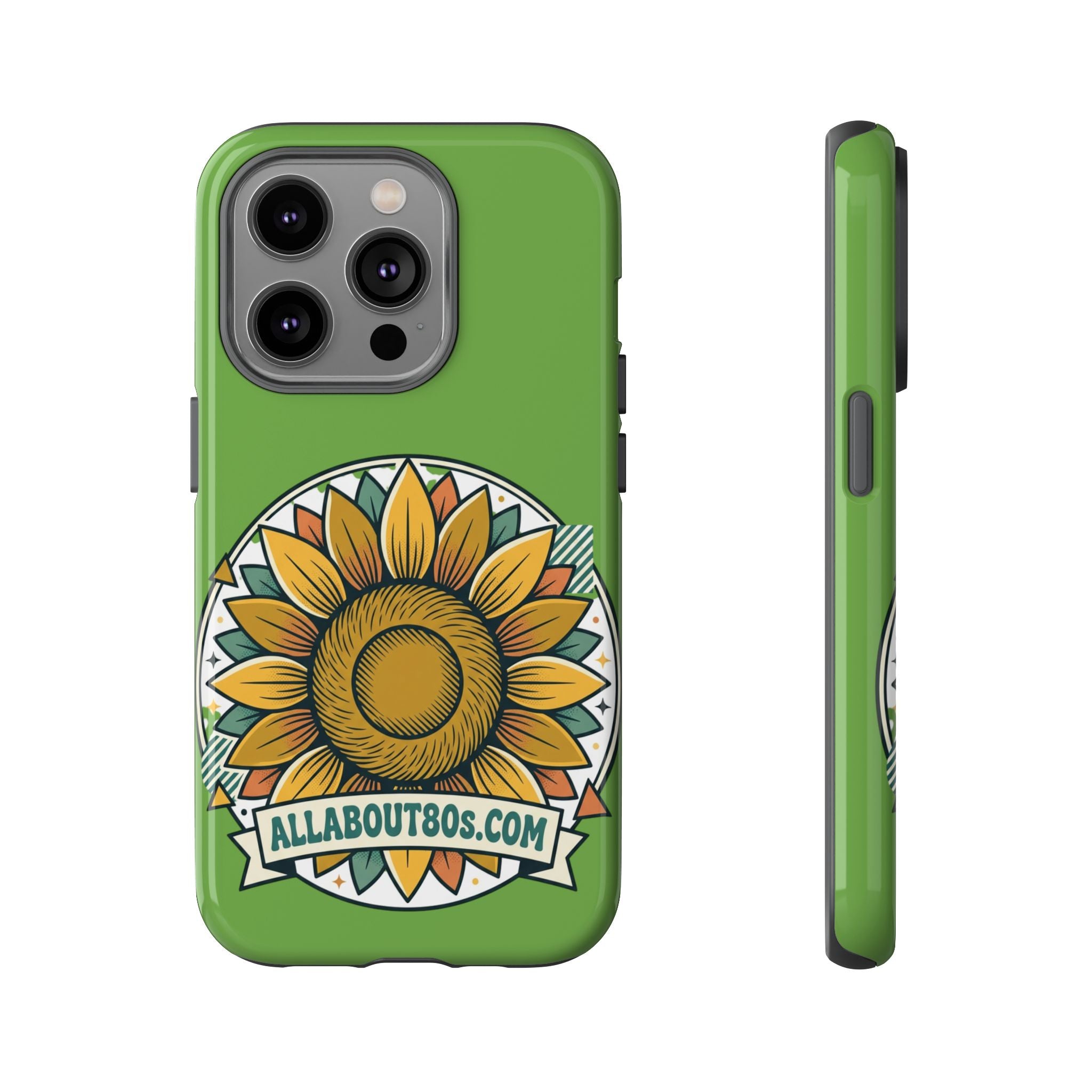 Sunflower Tough Phone Case – Green Floral Protective Case with "AllAbout80s.com" Banner