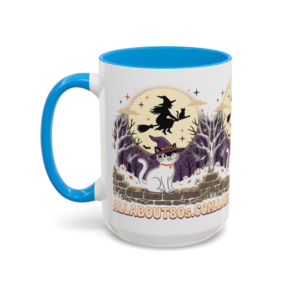 Halloween Cat Witch Mug – Cute Witch Hat Cat with Flying Witch Silhouette (11oz/15oz)