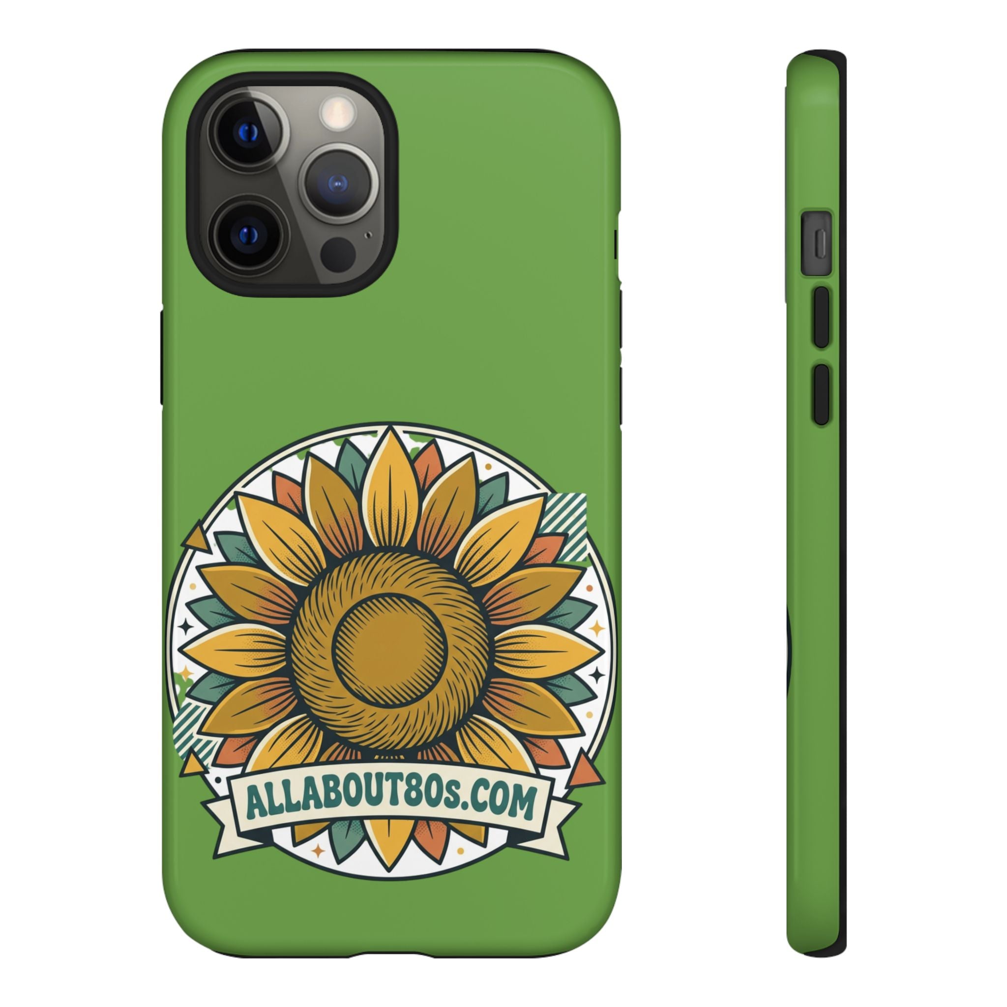Sunflower Tough Phone Case – Green Floral Protective Case with "AllAbout80s.com" Banner