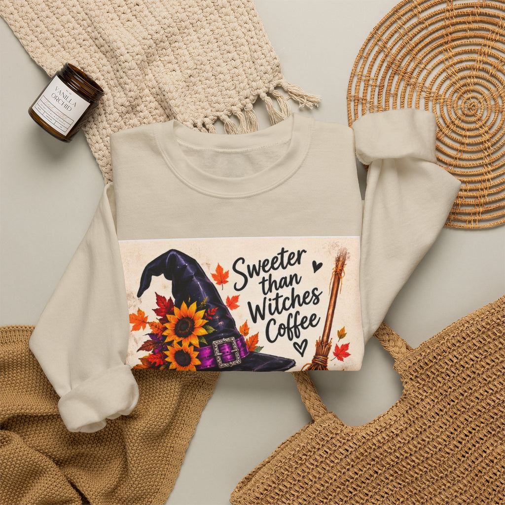 Sweater — 'Sweeter Than Witches Coffee' Halloween Witch Graphic Crewneck Sweatshirt