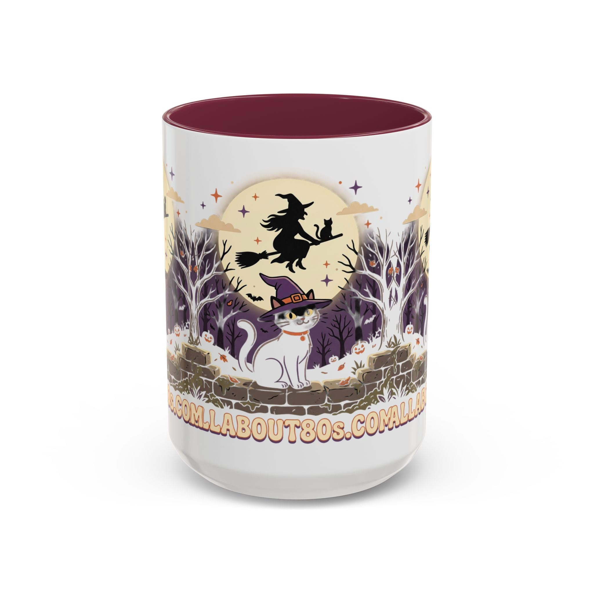 Halloween Cat Witch Mug – Cute Witch Hat Cat with Flying Witch Silhouette (11oz/15oz)