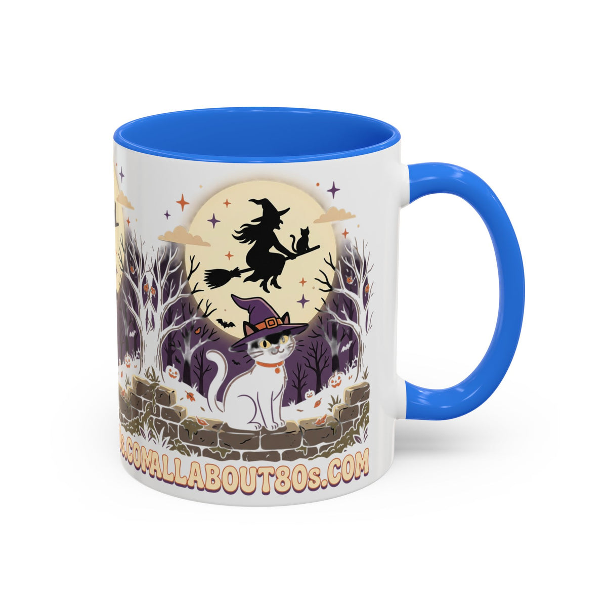 Halloween Cat Witch Mug – Cute Witch Hat Cat with Flying Witch Silhouette (11oz/15oz)