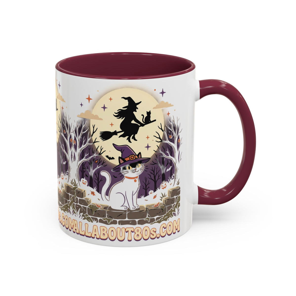 Halloween Cat Witch Mug – Cute Witch Hat Cat with Flying Witch Silhouette (11oz/15oz)