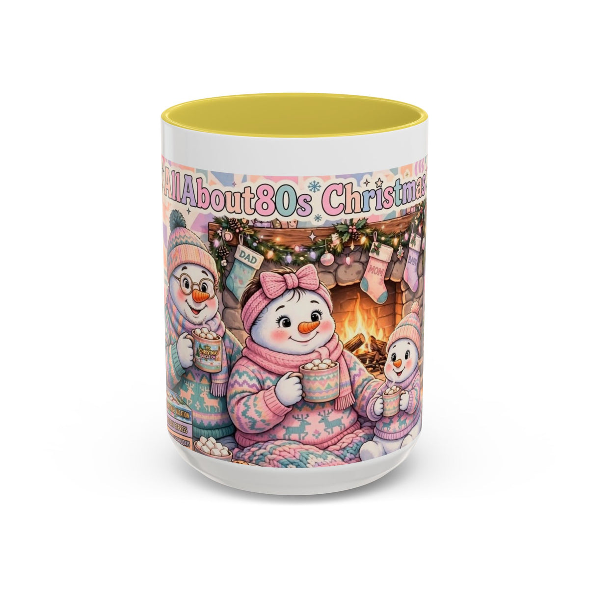 Cute Snowman Christmas Mug — 'All About 80s Christmas' Colorful Holiday Coffee Cup (11oz/15oz)