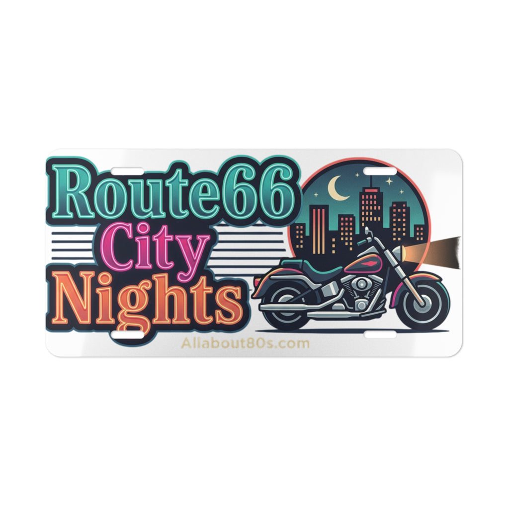 Route 66 City Nights Motorcycle Vanity Plate – Retro Neon Road Trip License Tag