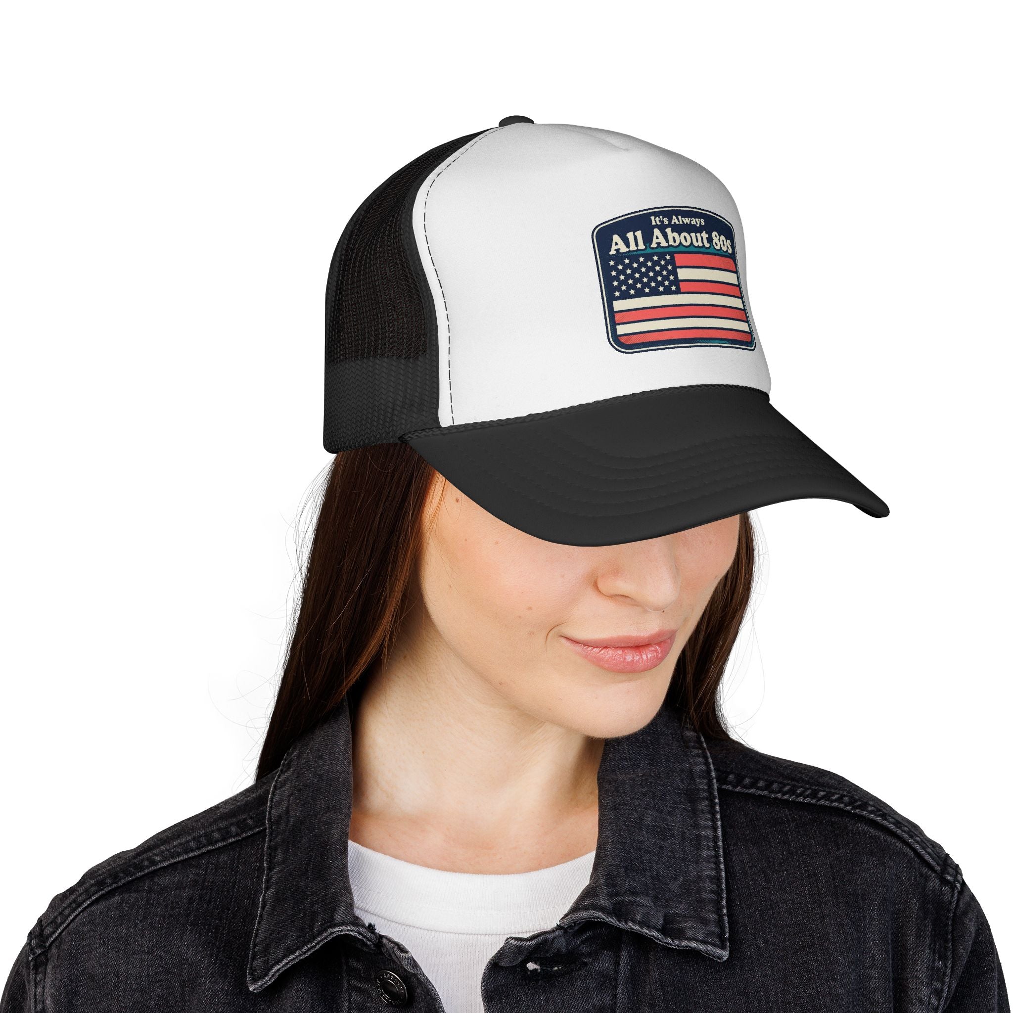 Trucker Hat — 'All About 80s' Retro American Flag Cap