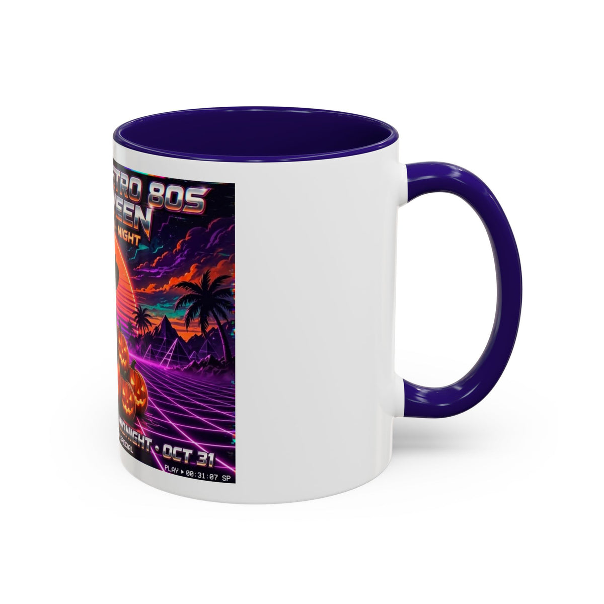 Halloween Retro Cat Mug — Neon 80s Spooky Pumpkin Coffee Cup (11oz/15oz)
