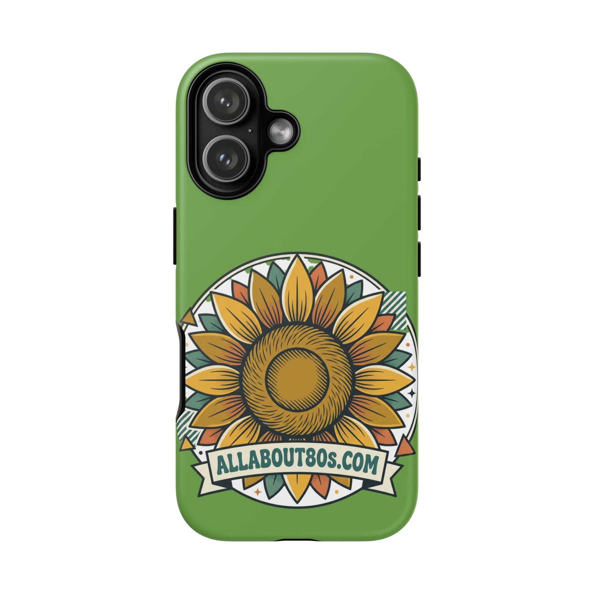 Sunflower Tough Phone Case – Green Floral Protective Case with "AllAbout80s.com" Banner