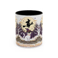 Halloween Cat Witch Mug – Cute Witch Hat Cat with Flying Witch Silhouette (11oz/15oz)