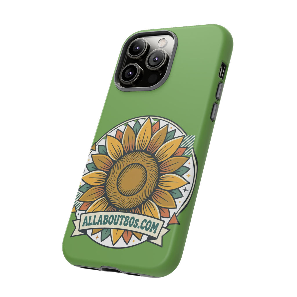 Sunflower Tough Phone Case – Green Floral Protective Case with "AllAbout80s.com" Banner