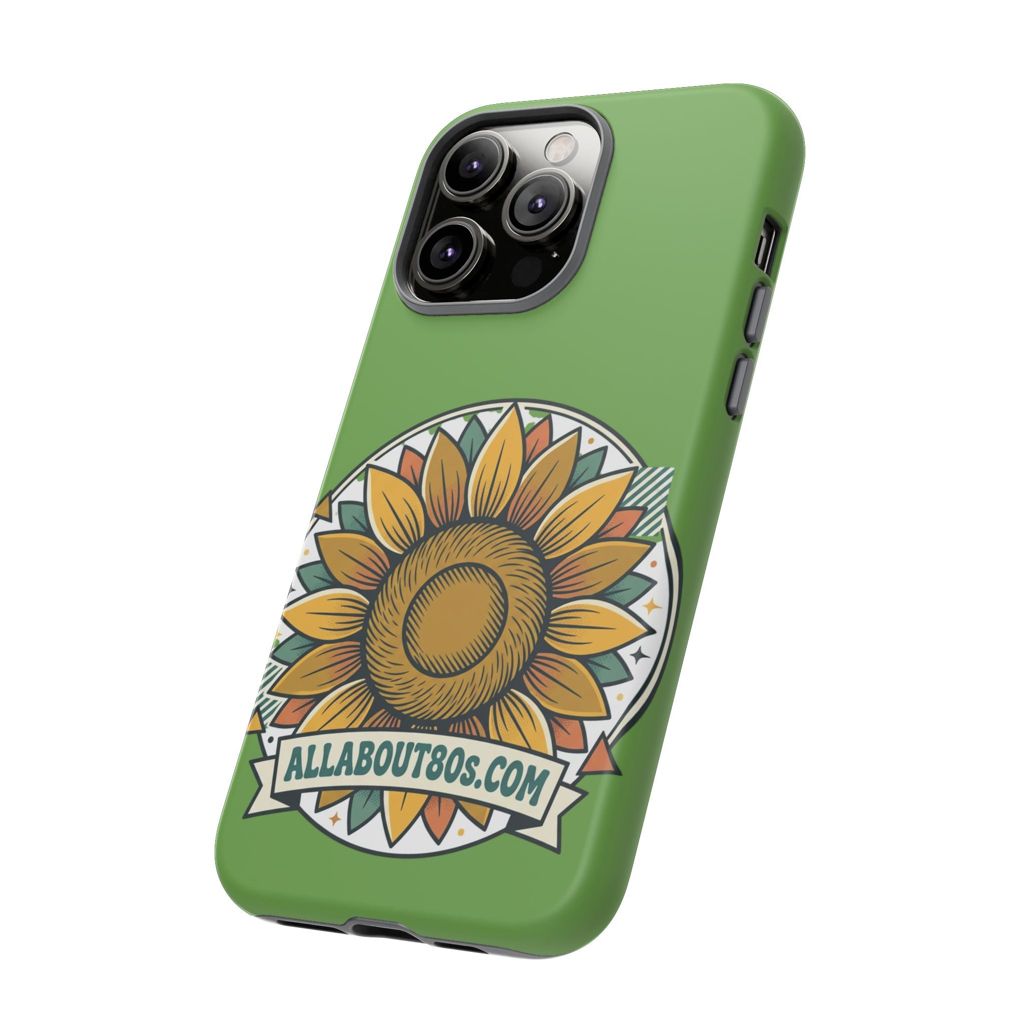 Sunflower Tough Phone Case – Green Floral Protective Case with "AllAbout80s.com" Banner