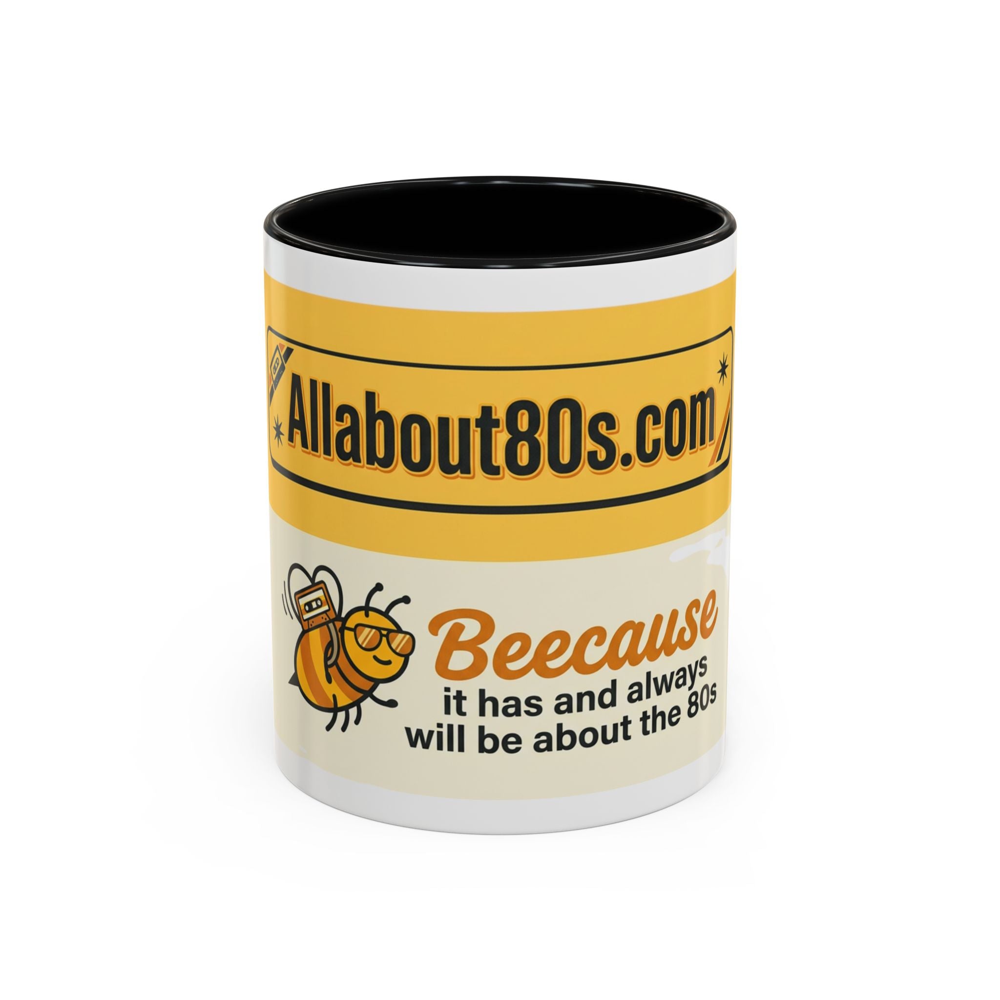 AllAbout80s 'Beecause' Accent Coffee Mug – Retro 80s Bee Design (11/15oz)