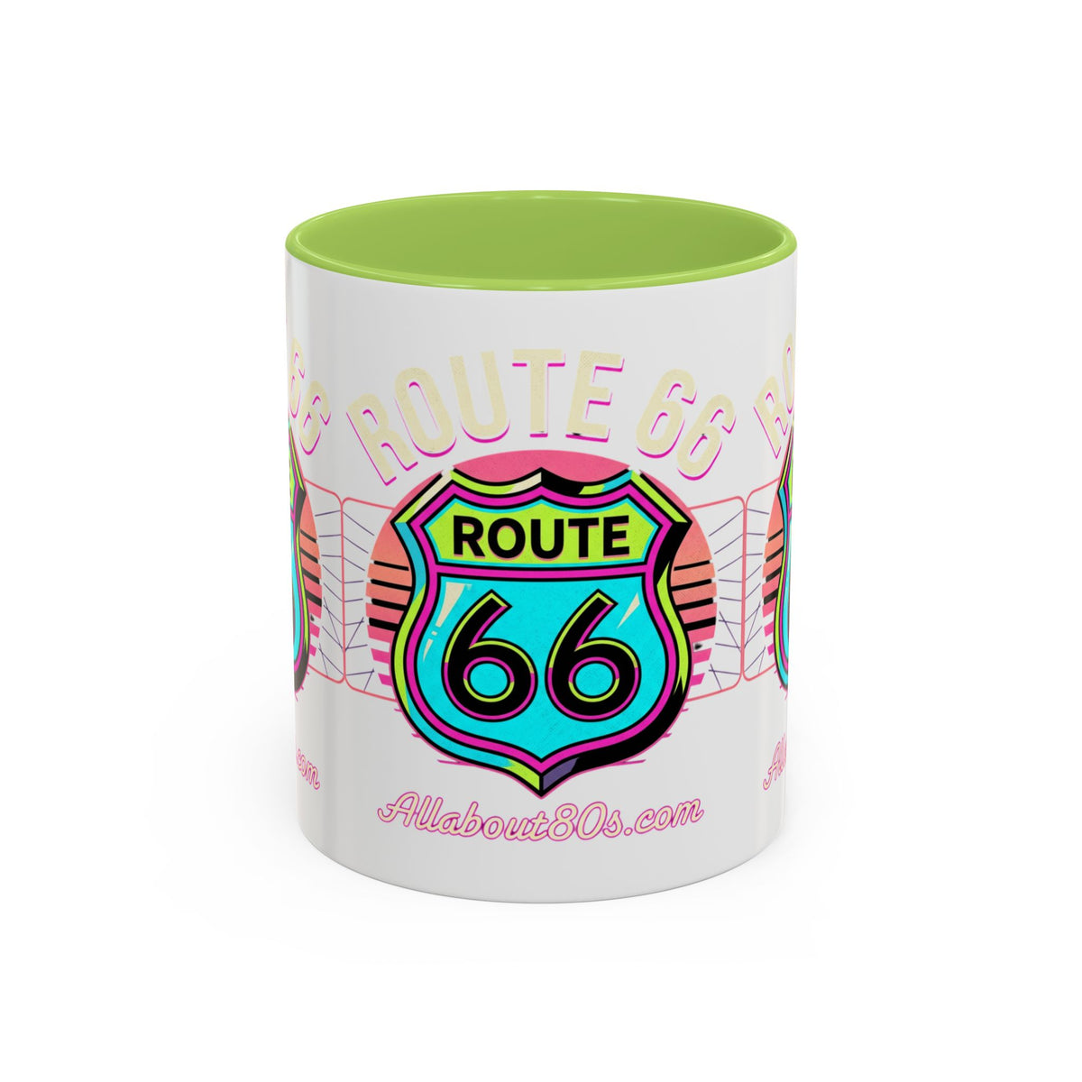 Route 66 Neon Shield Accent Coffee Mug — Retro Road Trip Travel Gift (11/15 oz)
