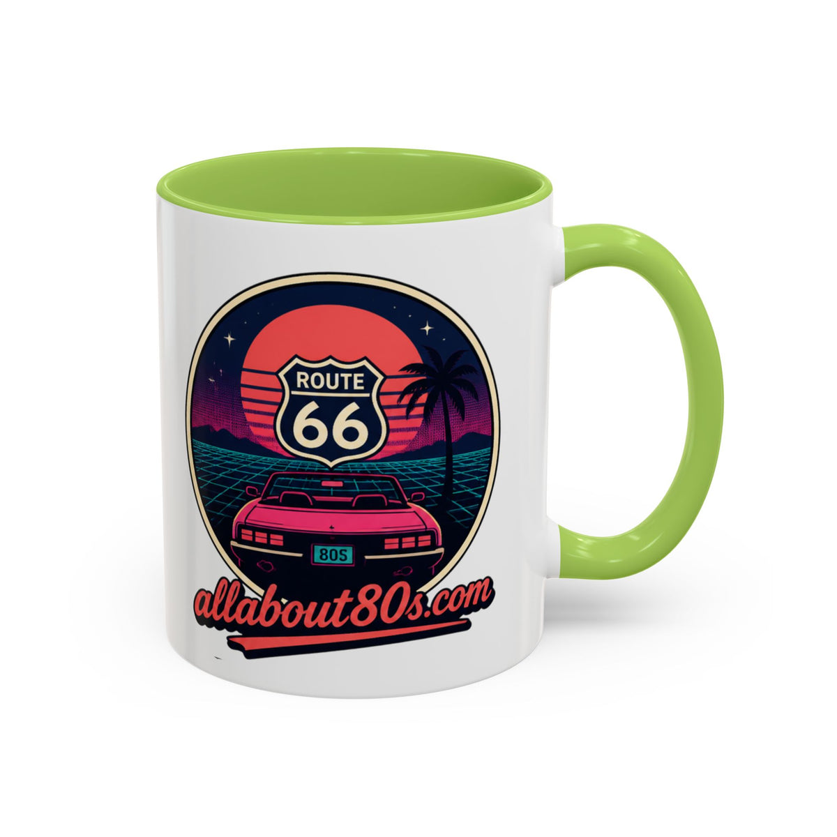 Route 66 Retro 80s Accent Coffee Mug — 'allabout80s' Vintage Sunset Design (11/15oz)