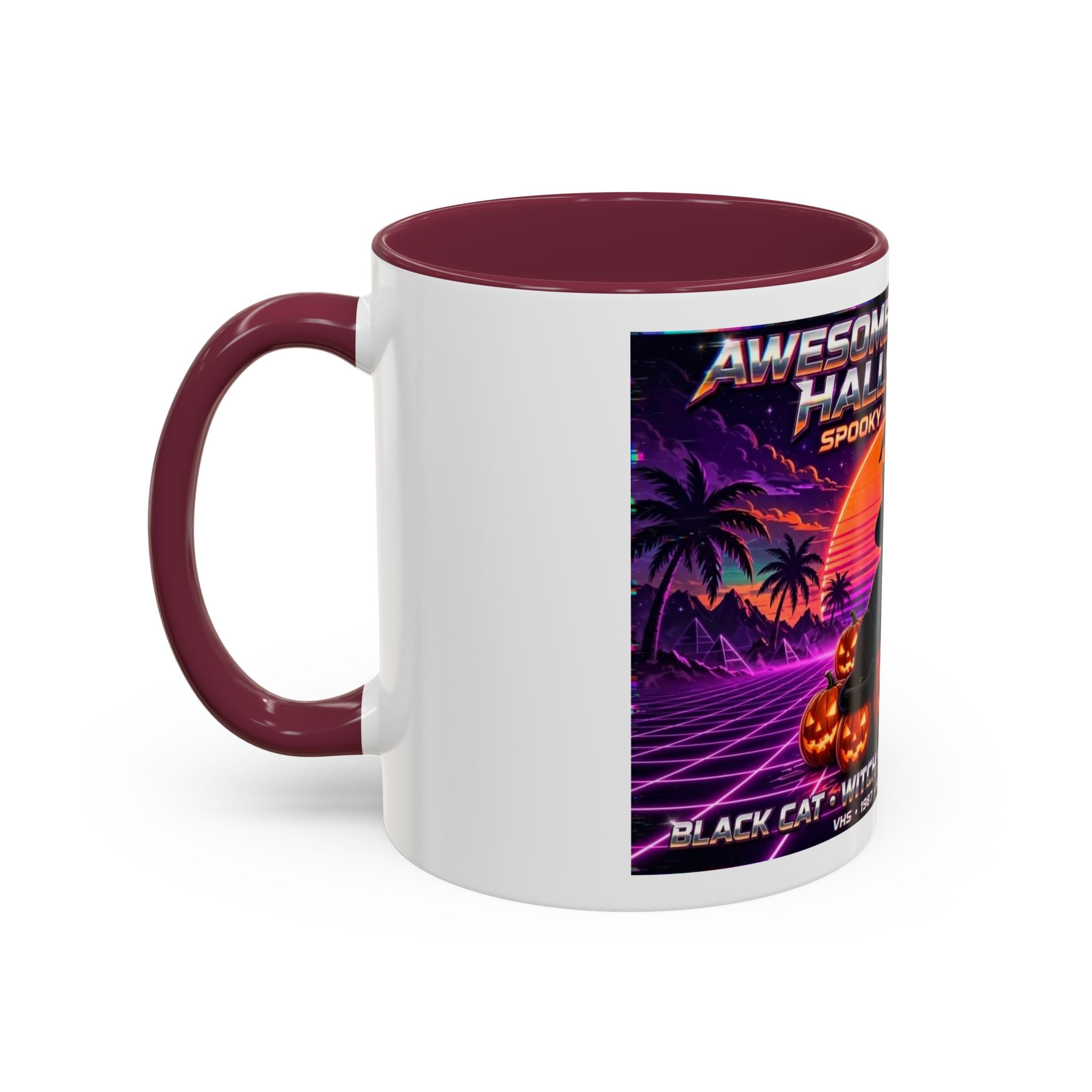 Halloween Retro Cat Mug — Neon 80s Spooky Pumpkin Coffee Cup (11oz/15oz)