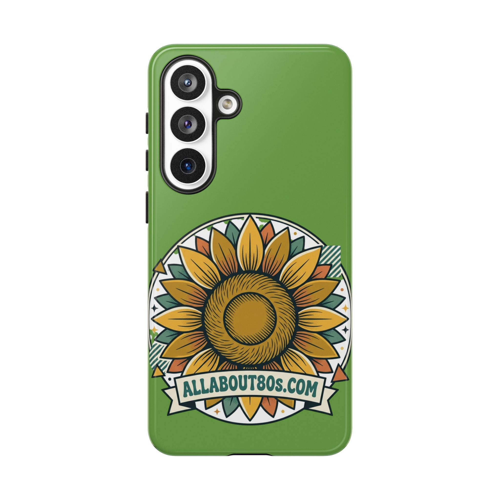 Sunflower Tough Phone Case – Green Floral Protective Case with "AllAbout80s.com" Banner