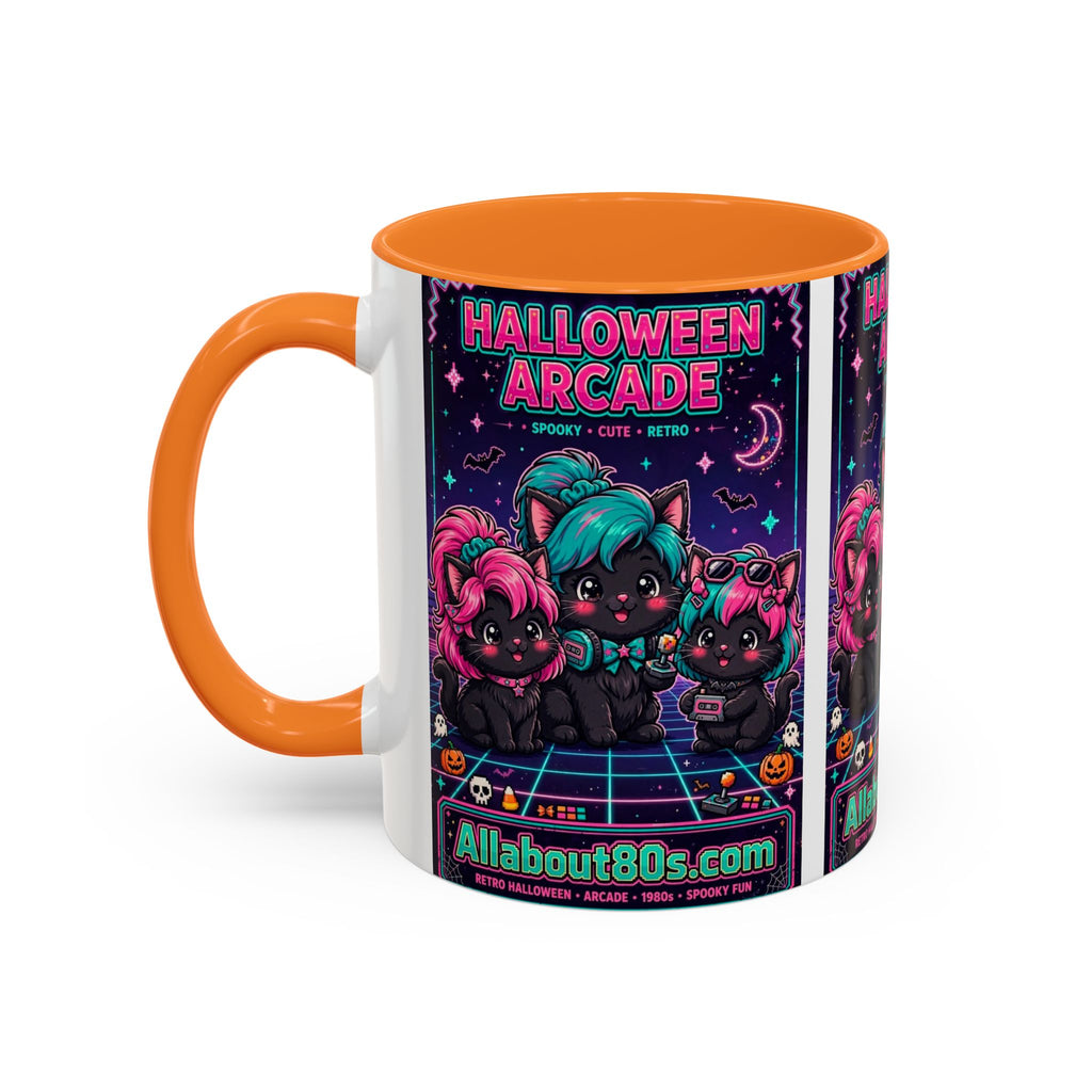 Halloween Arcade Mug — Cute Retro 80s Cat Gamers (11oz/15oz)