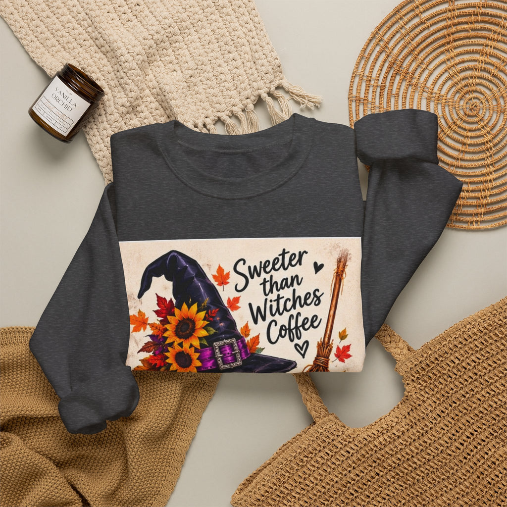 Sweater — 'Sweeter Than Witches Coffee' Halloween Witch Graphic Crewneck Sweatshirt
