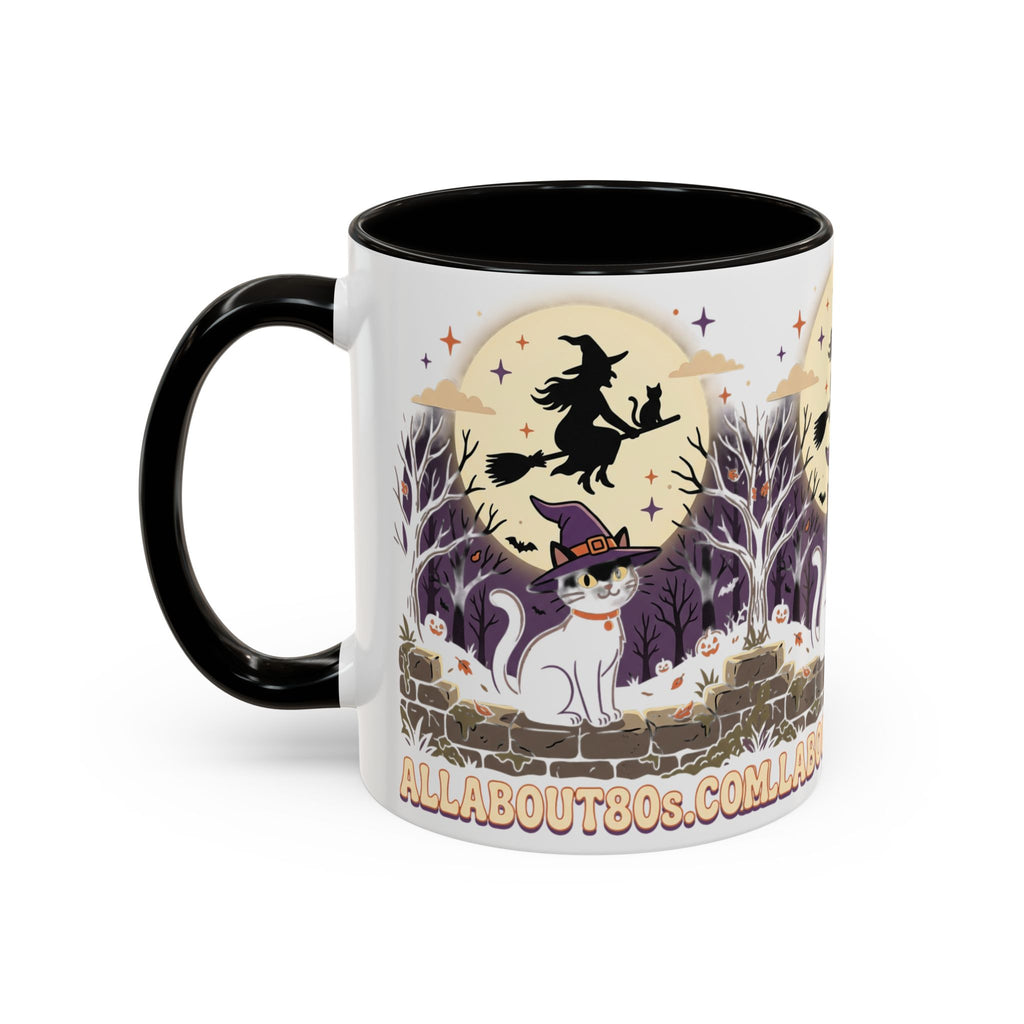 Halloween Cat Witch Mug – Cute Witch Hat Cat with Flying Witch Silhouette (11oz/15oz)