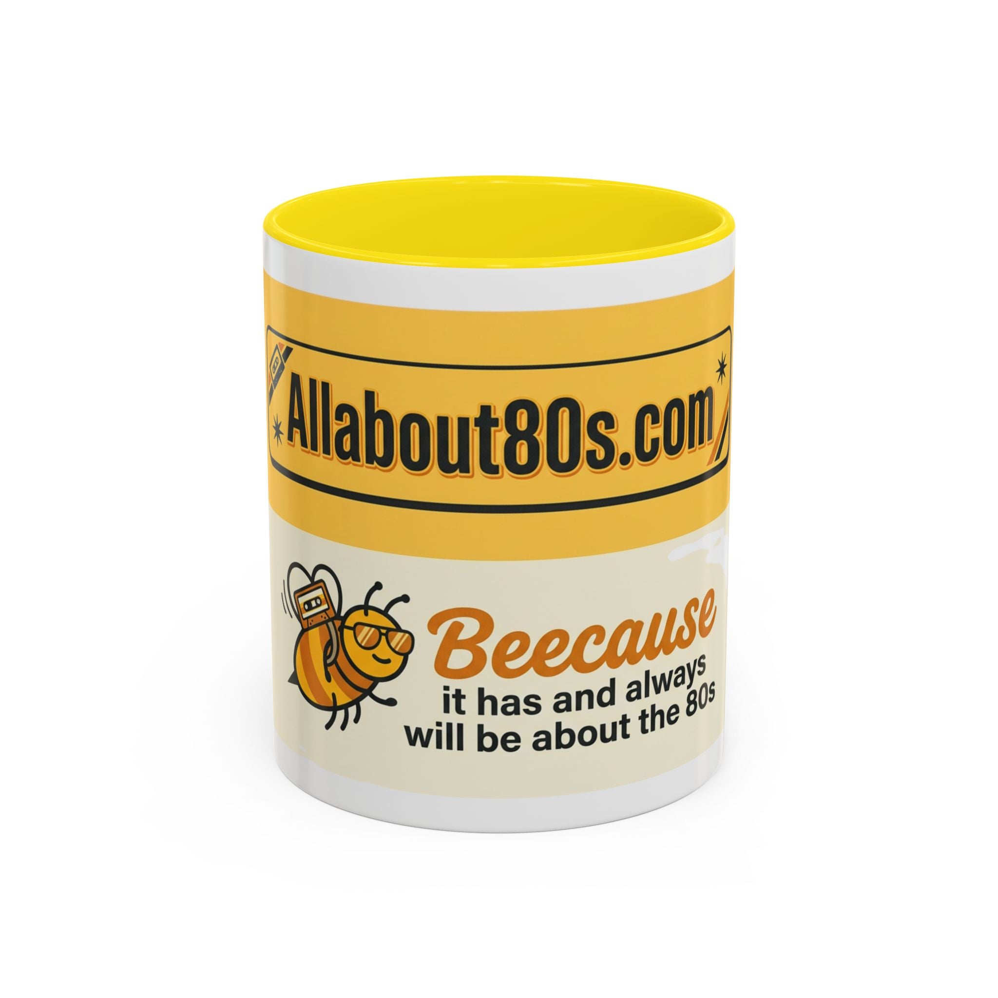 AllAbout80s 'Beecause' Accent Coffee Mug – Retro 80s Bee Design (11/15oz)