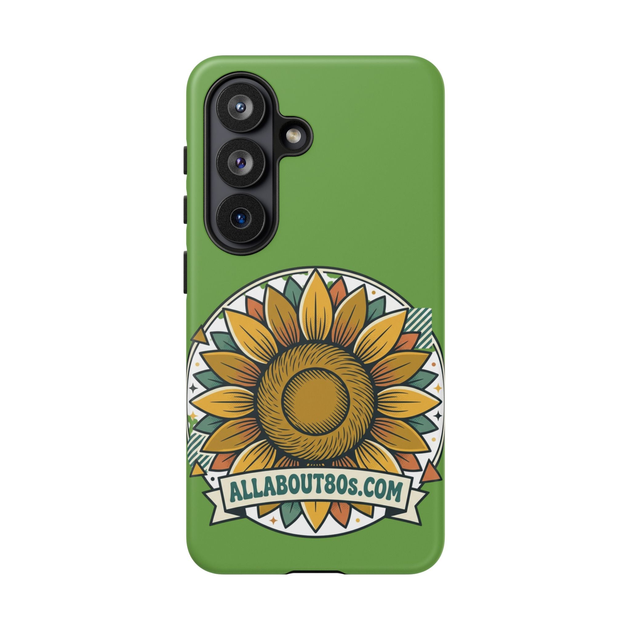 Sunflower Tough Phone Case – Green Floral Protective Case with "AllAbout80s.com" Banner
