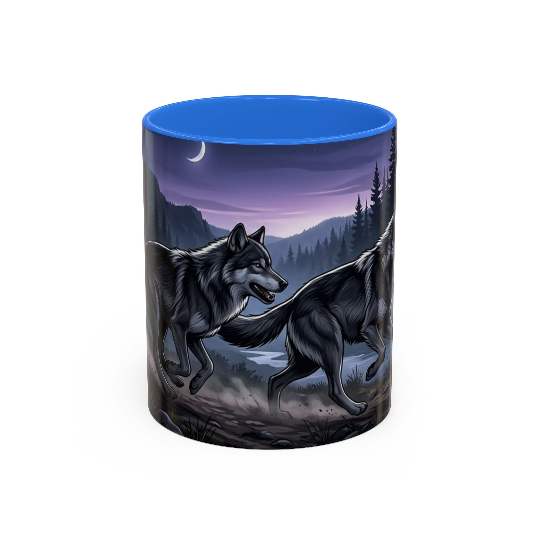 Wolf Pack Nightscape Mug — 11oz/15oz Scenic Black-Interior Coffee Cup